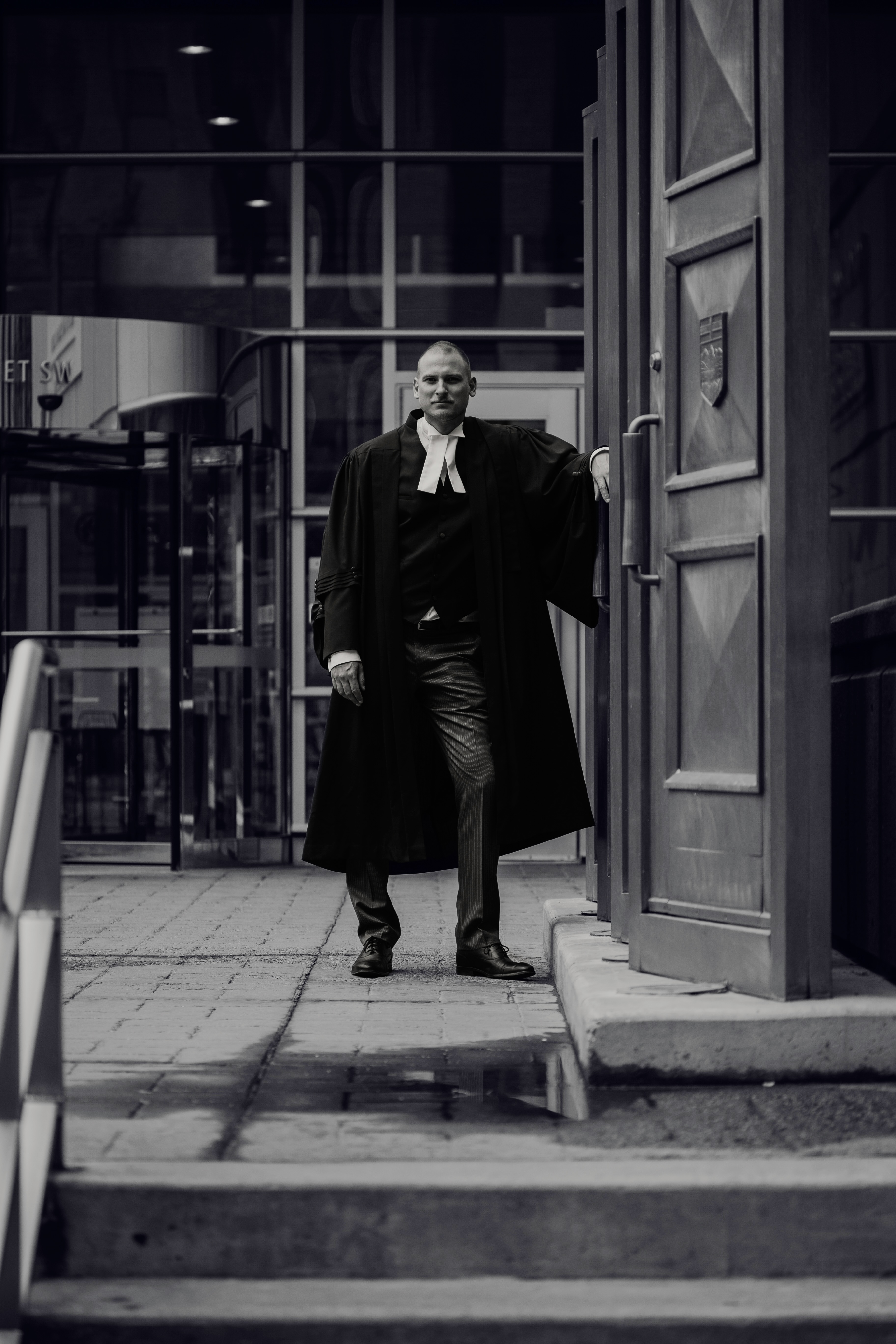 David Hersey — Calgary criminal defence lawyer in barrister's robes outside the courthouse